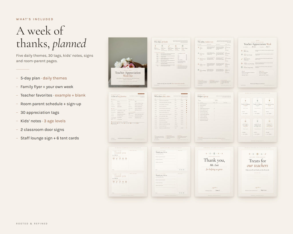 What's included in the Teacher Appreciation Week Kit printable: an overview of every page in the download