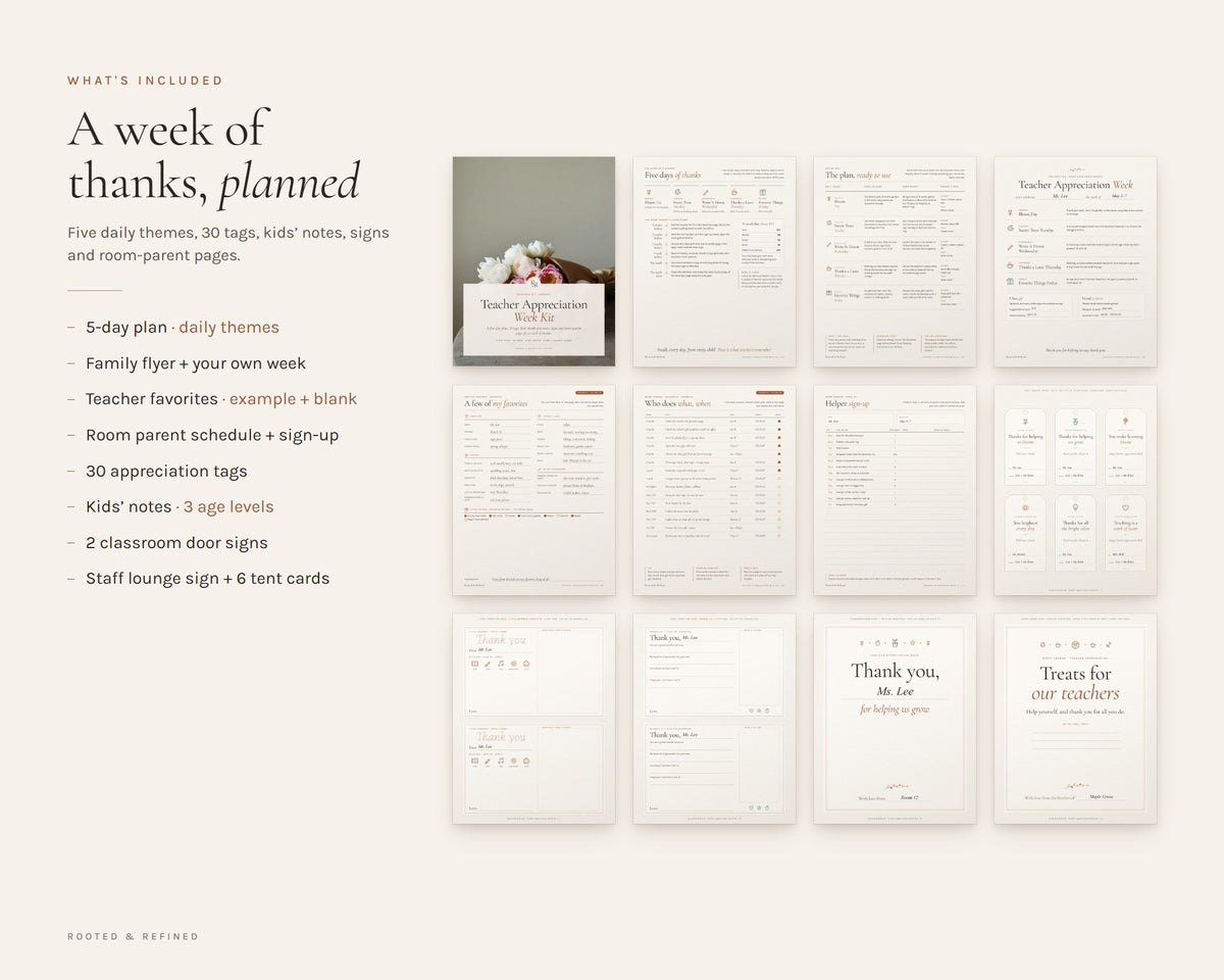 What's included in the Teacher Appreciation Week Kit printable: an overview of every page in the download