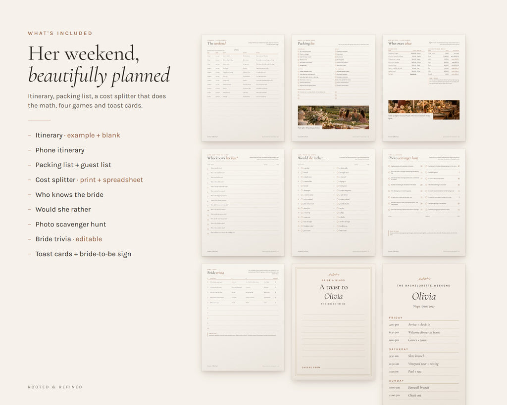 What's included in the Bachelorette Weekend Kit printable: an overview of every page in the download