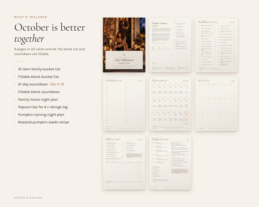 What's included in the Halloween Bucket List printable: an overview of every page in the download
