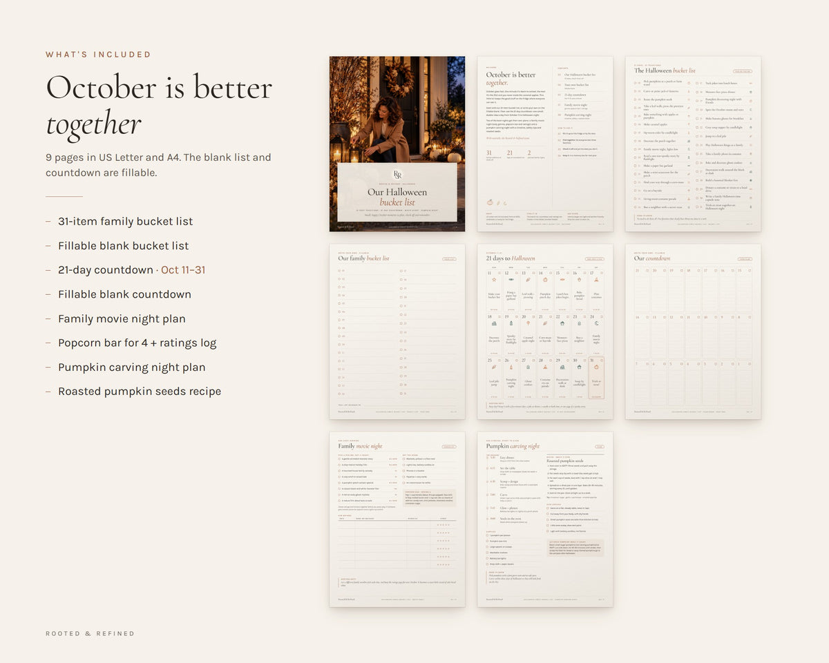 What's included in the Halloween Bucket List printable: an overview of every page in the download
