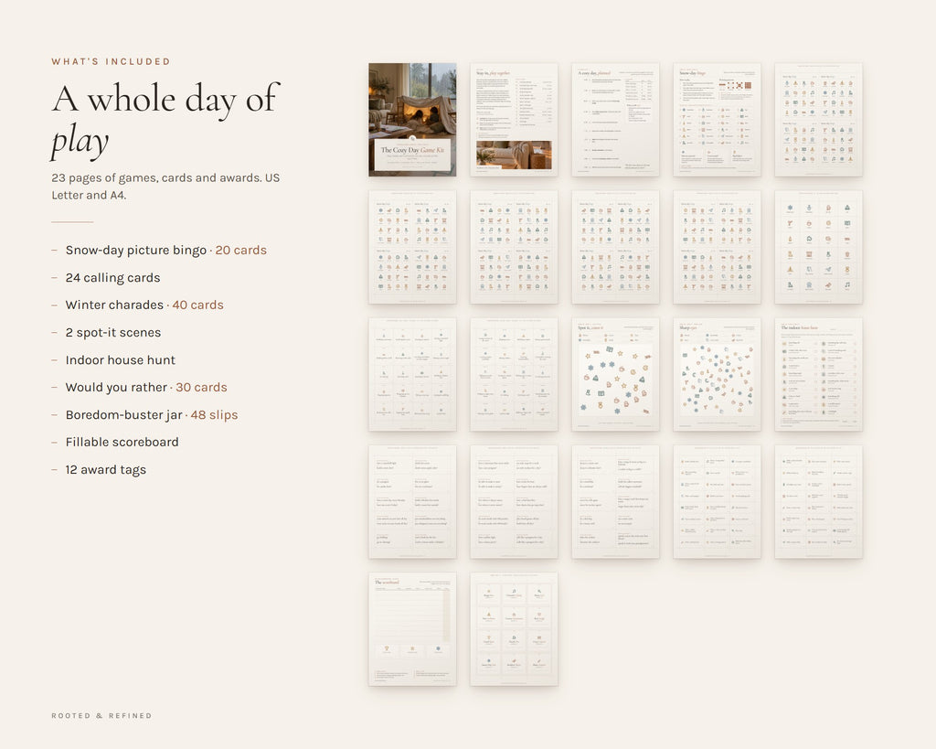 What's included in the Winter Family Games printable: an overview of every page in the download