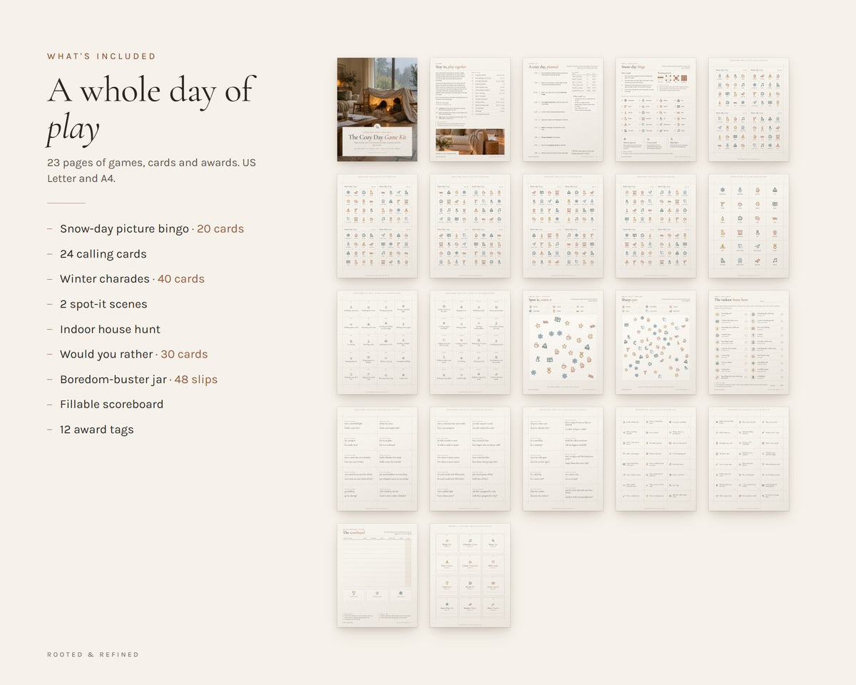 What's included in the Winter Family Games printable: an overview of every page in the download