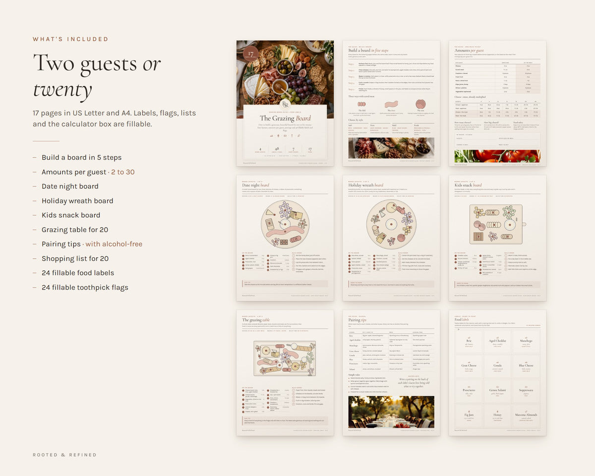 What's included in the Charcuterie Board Guide printable: an overview of every page in the download