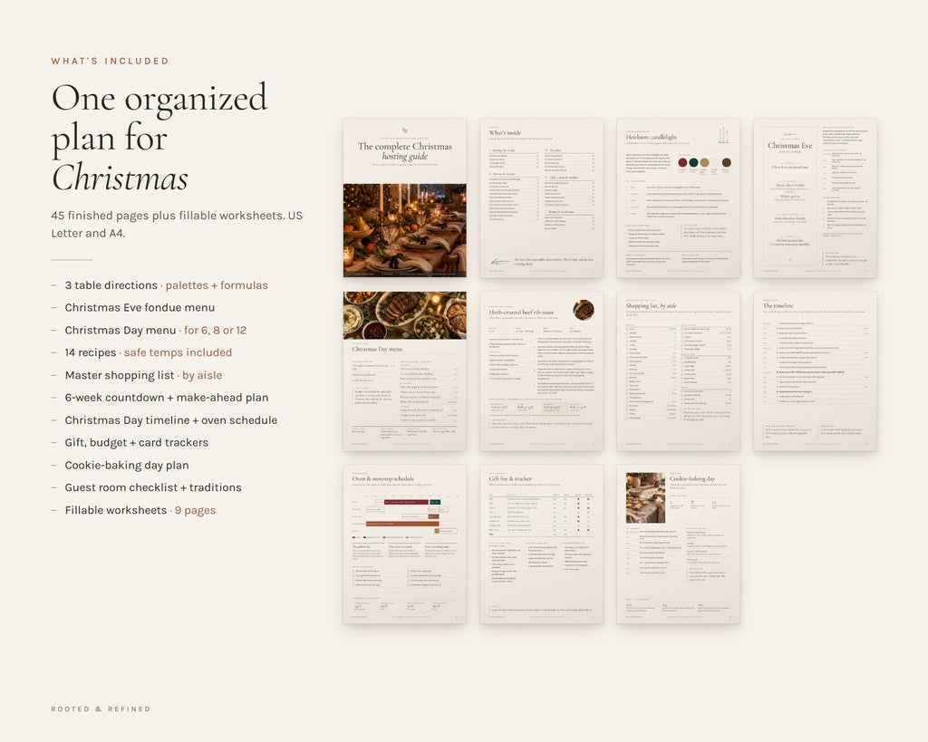 What's included in the The Complete Christmas Hosting Guide printable: an overview of every page in the download
