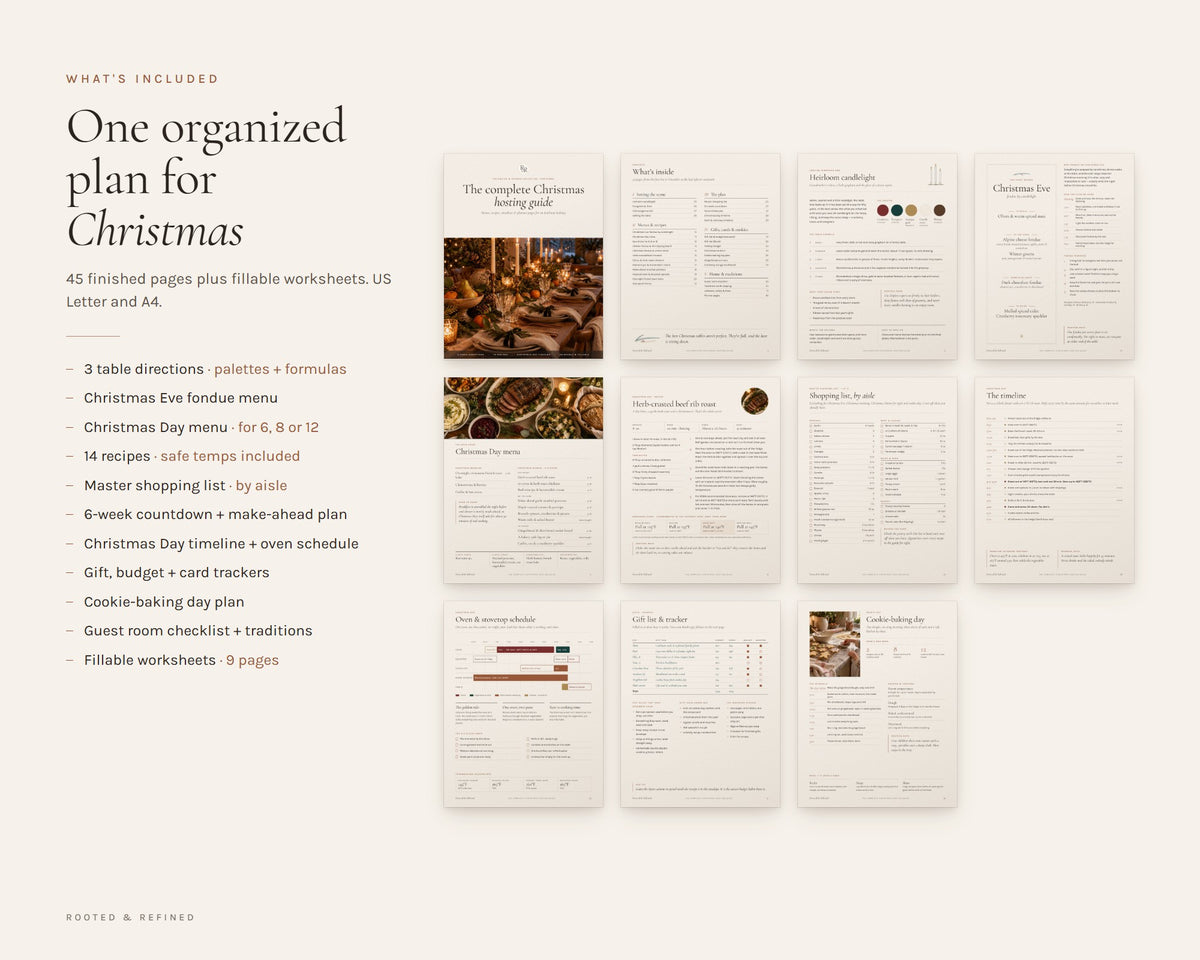 What's included in the The Complete Christmas Hosting Guide printable: an overview of every page in the download