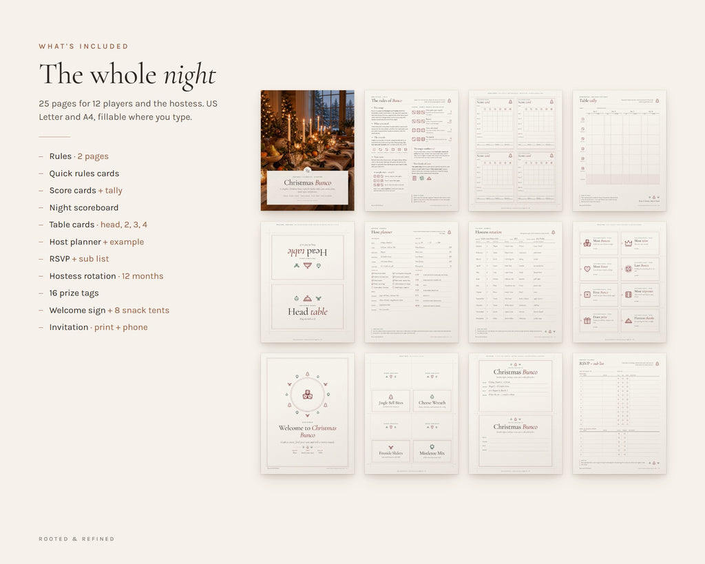 What's included in the Christmas Bunco Night Kit printable: an overview of every page in the download