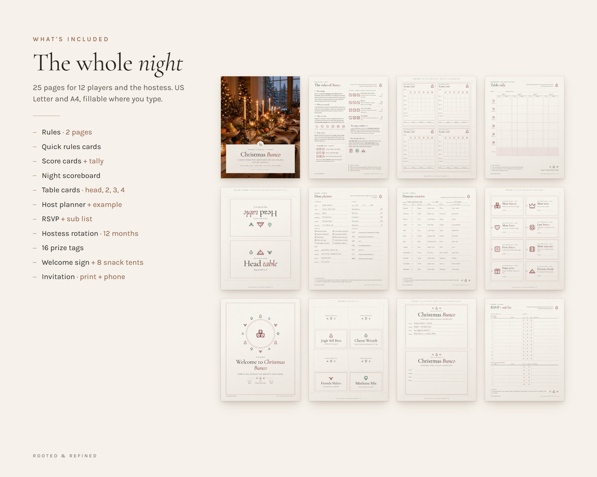 What's included in the Christmas Bunco Night Kit printable: an overview of every page in the download