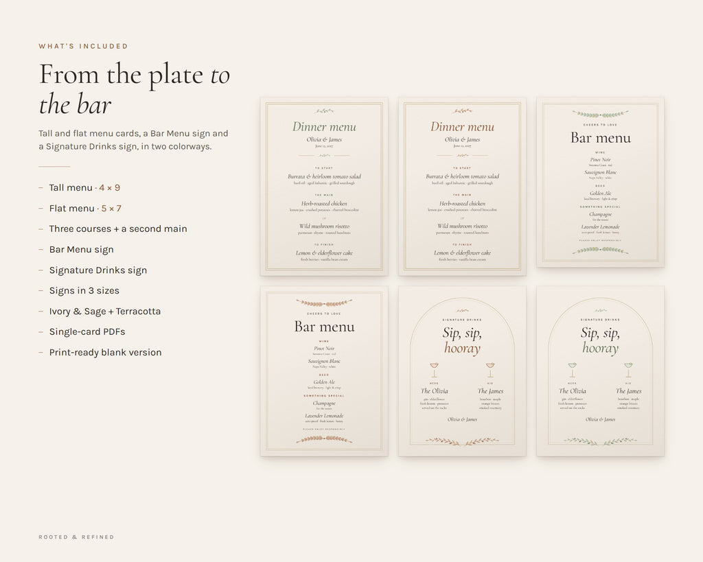 What's included in the Wedding Menu Cards printable: an overview of every page in the download