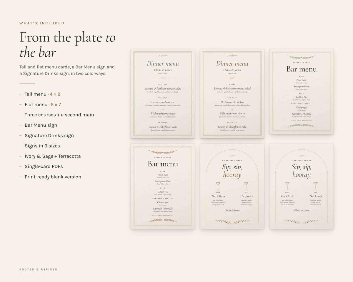 What's included in the Wedding Menu Cards printable: an overview of every page in the download