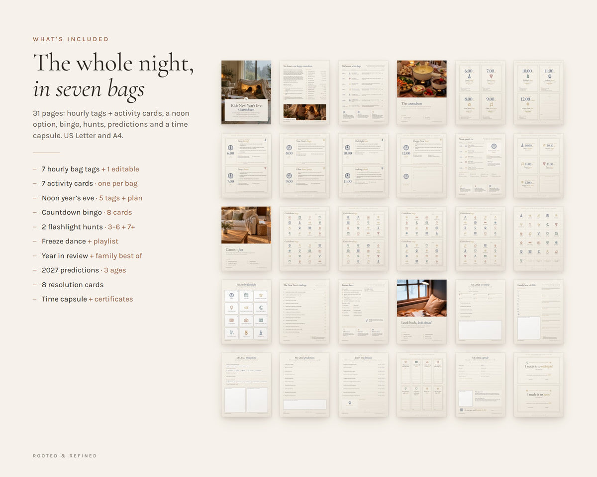 What's included in the Kids New Years Eve Countdown Bags printable: an overview of every page in the download