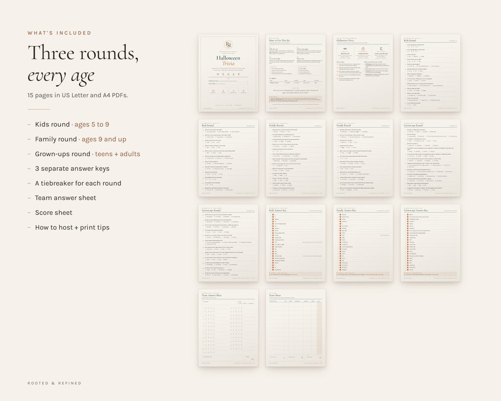 What's included in the Halloween Trivia Game printable: an overview of every page in the download