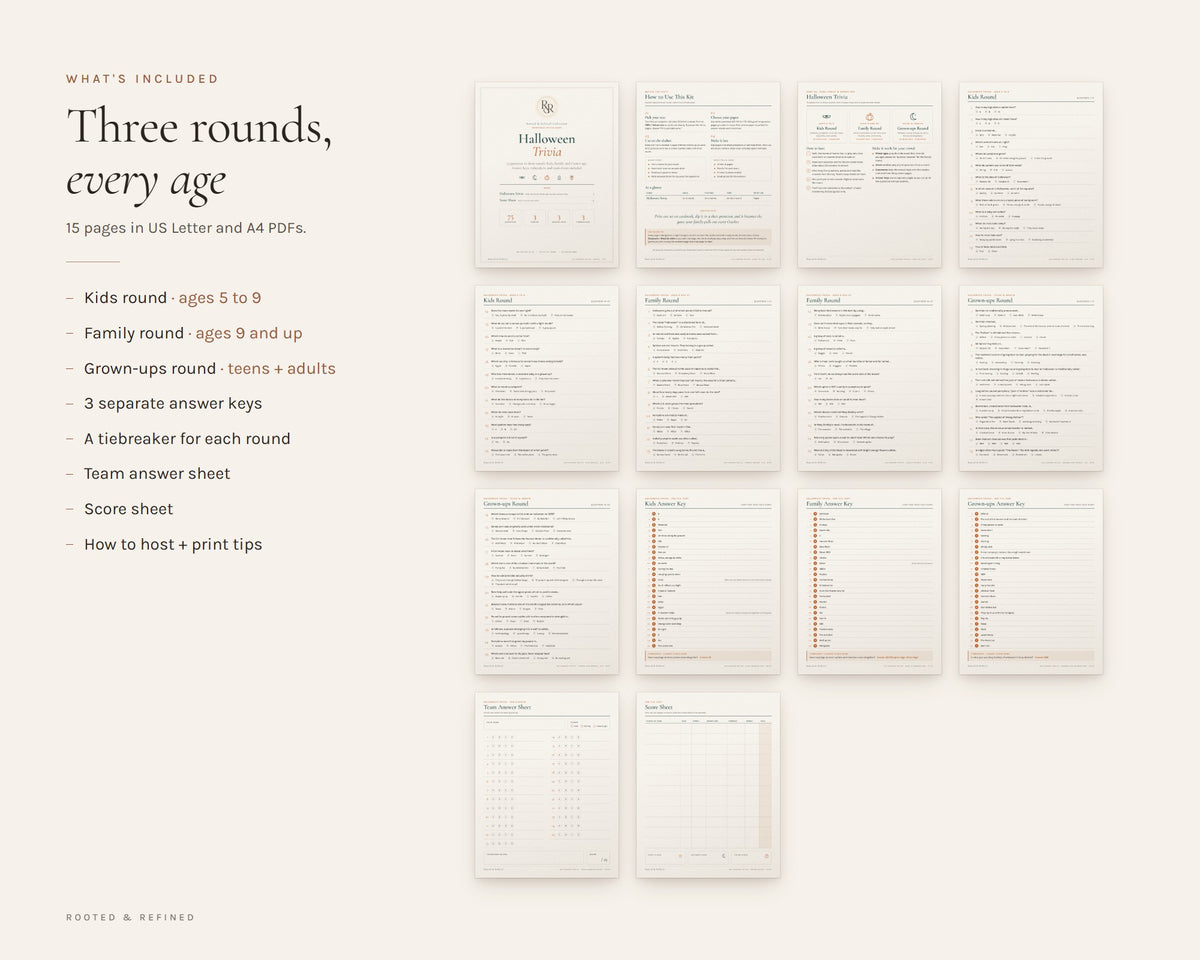 What's included in the Halloween Trivia Game printable: an overview of every page in the download
