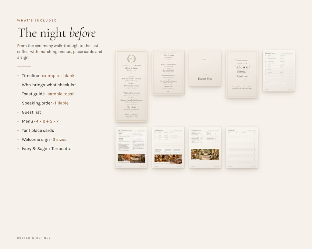 What's included in the Rehearsal Dinner Kit printable: an overview of every page in the download