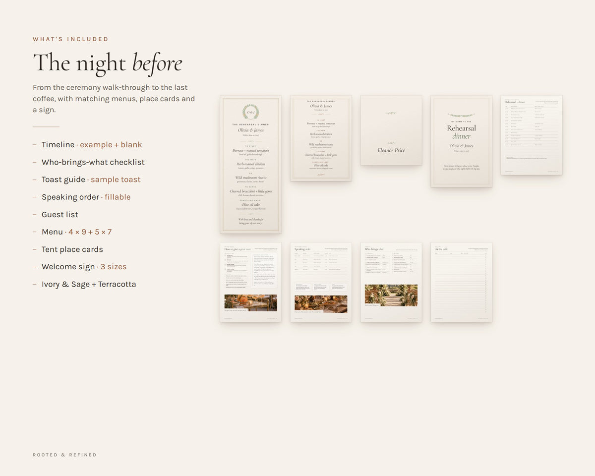 What's included in the Rehearsal Dinner Kit printable: an overview of every page in the download