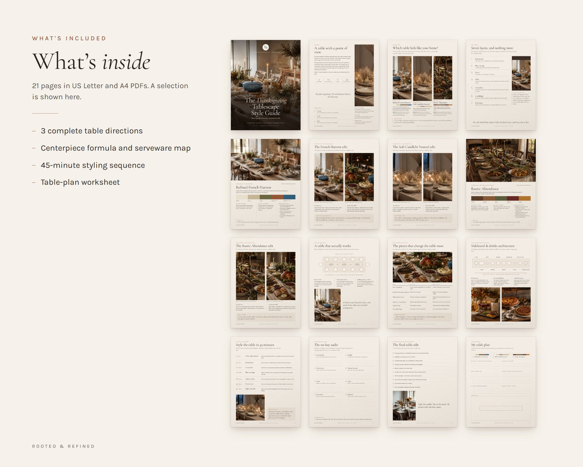 What's included in the Thanksgiving Tablescape Guide printable: an overview of every page in the download