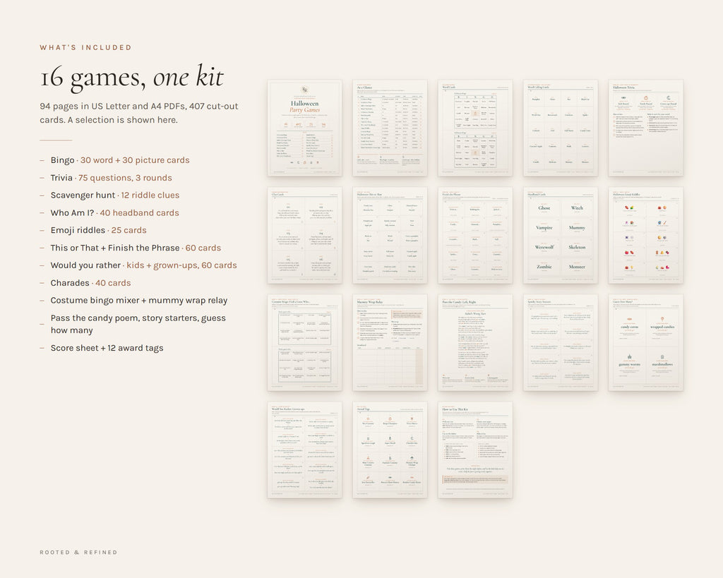 What's included in the Halloween Party Games Bundle printable: an overview of every page in the download