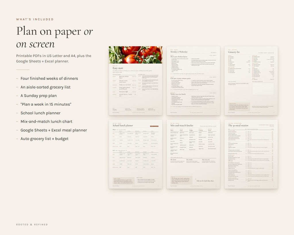 What's included in the Family Meal Planner Bundle printable: an overview of every page in the download