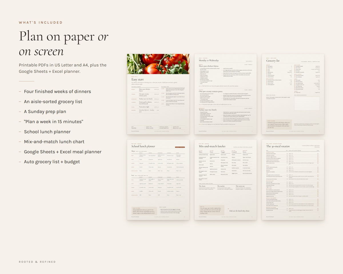 What's included in the Family Meal Planner Bundle printable: an overview of every page in the download