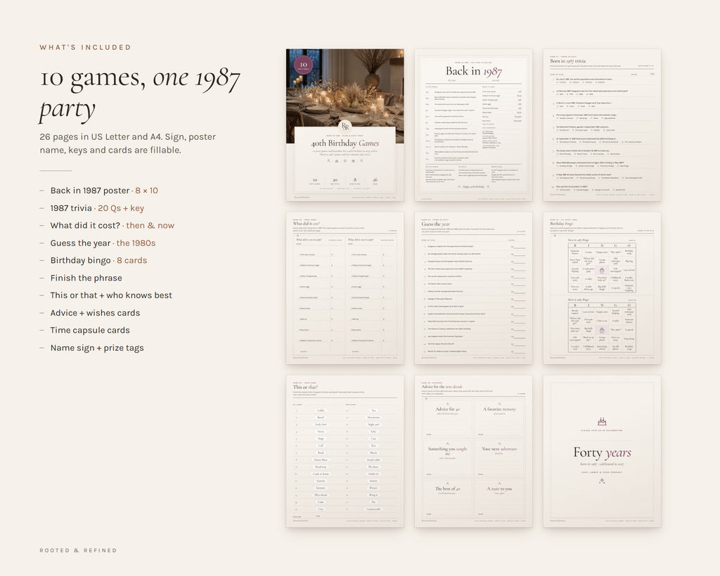 What's included in the 40th Birthday Party Games printable: an overview of every page in the download