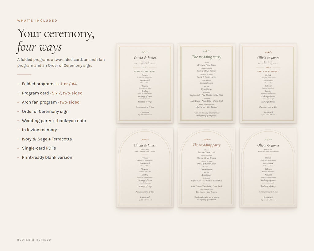 What's included in the Wedding Program printable: an overview of every page in the download