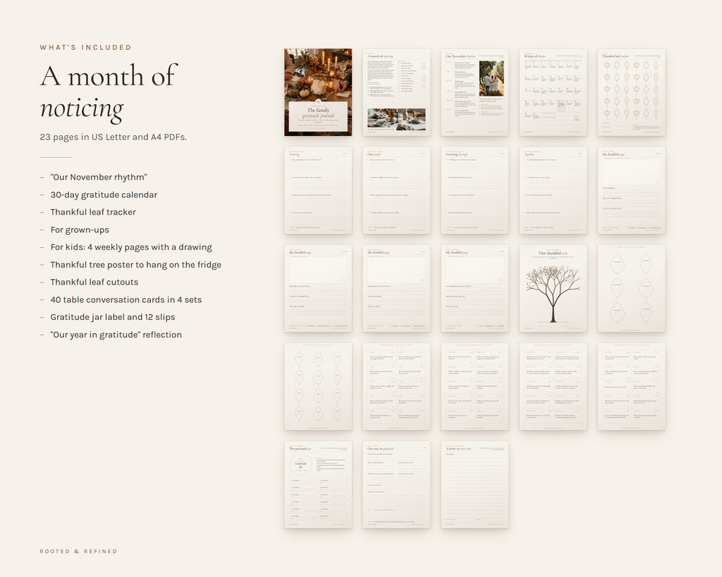 What's included in the Thanksgiving Gratitude Journal for Kids and Family printable: an overview of every page in the download