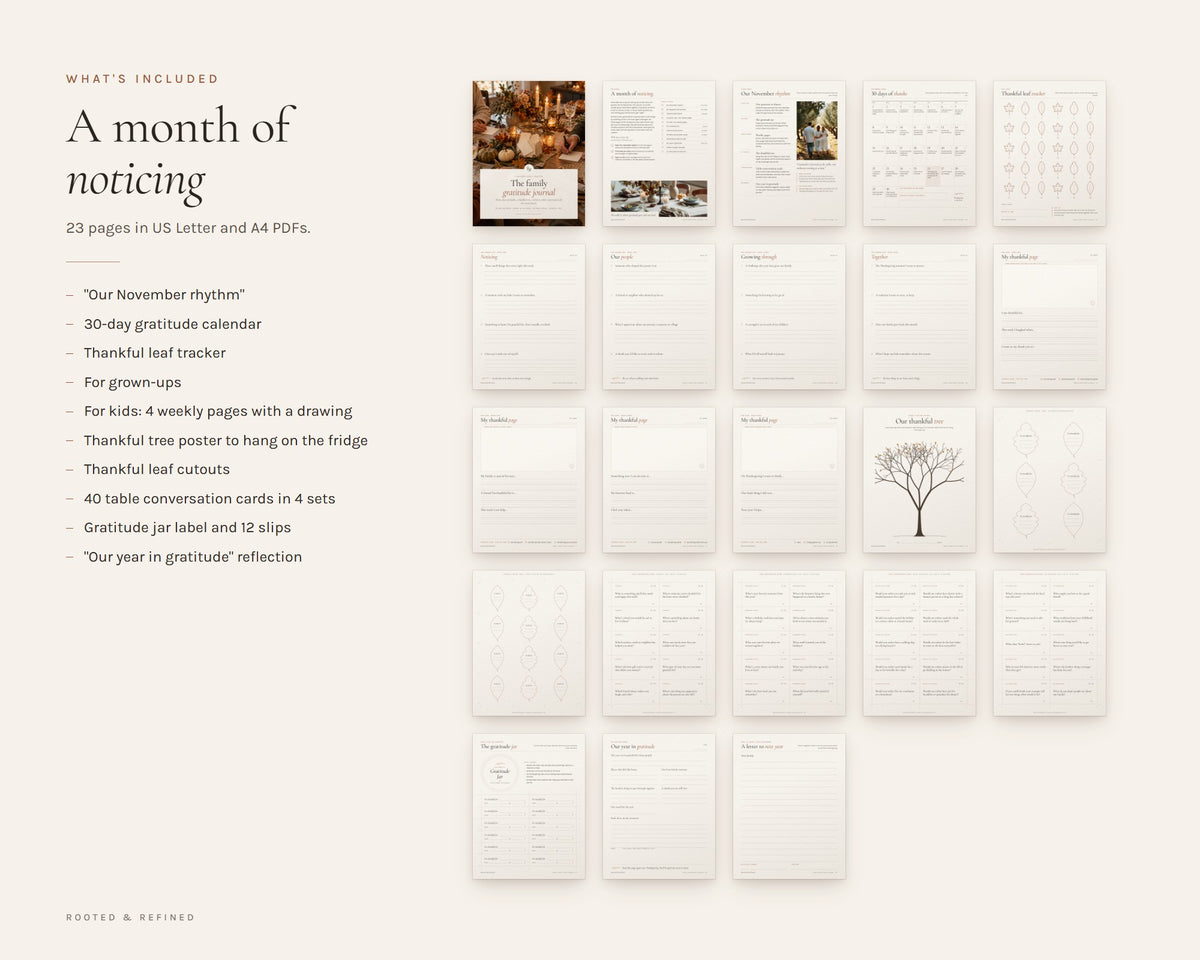What's included in the Thanksgiving Gratitude Journal for Kids and Family printable: an overview of every page in the download