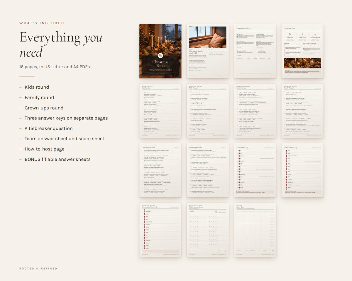 What's included in the Christmas Trivia Game printable: an overview of every page in the download
