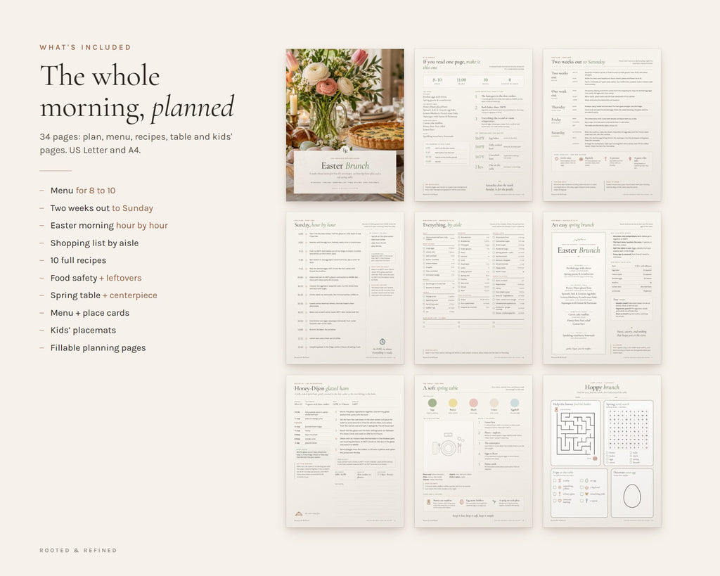 What's included in the Easter Brunch Menu printable: an overview of every page in the download