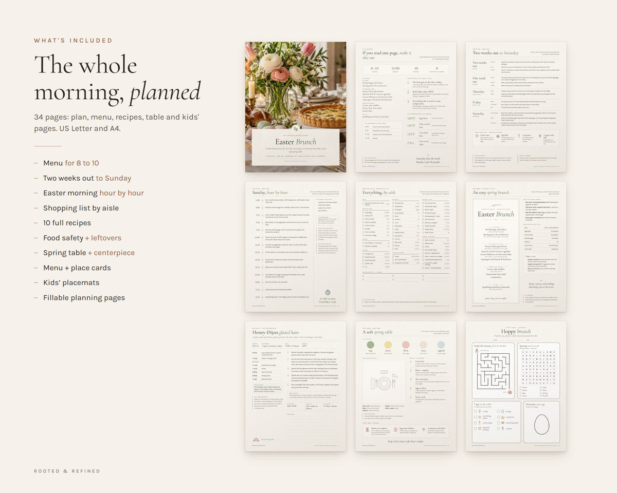 What's included in the Easter Brunch Menu printable: an overview of every page in the download