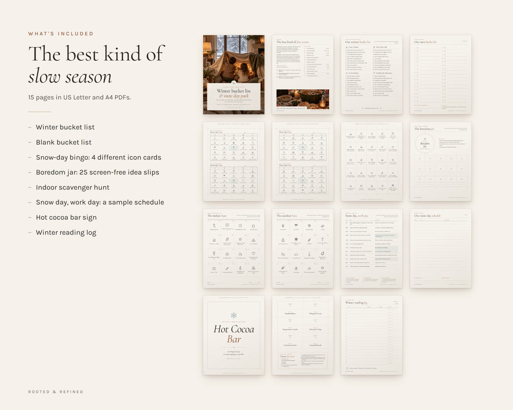 What's included in the Winter Bucket List printable: an overview of every page in the download