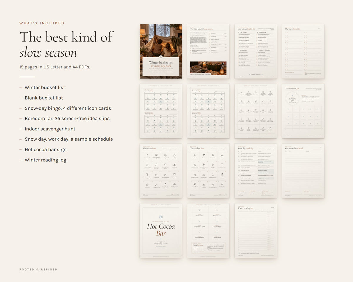 What's included in the Winter Bucket List printable: an overview of every page in the download