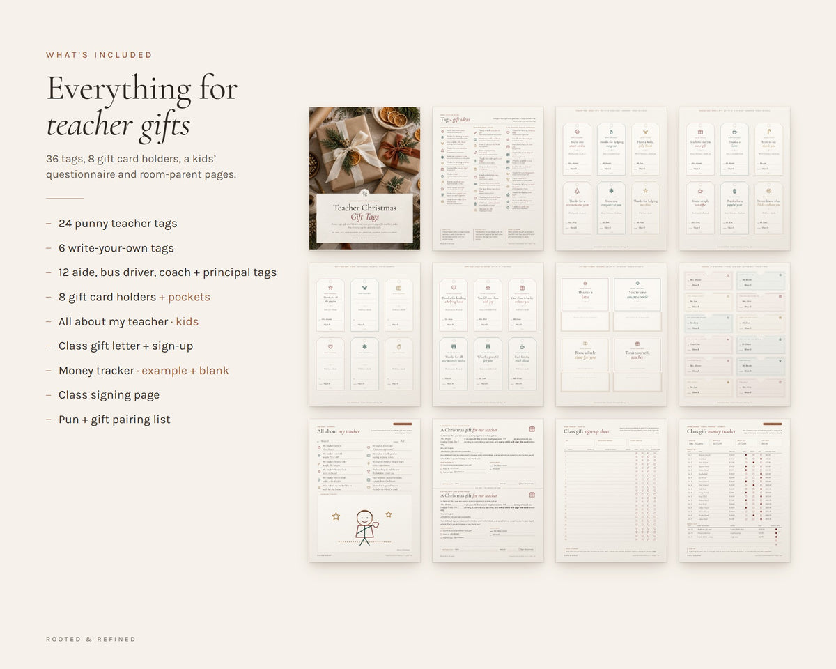What's included in the Teacher Christmas Gift Tags printable: an overview of every page in the download
