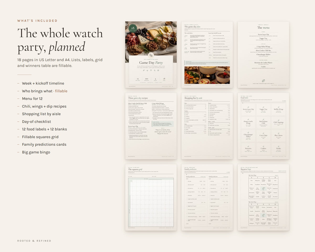 What's included in the Football Party Planner printable: an overview of every page in the download