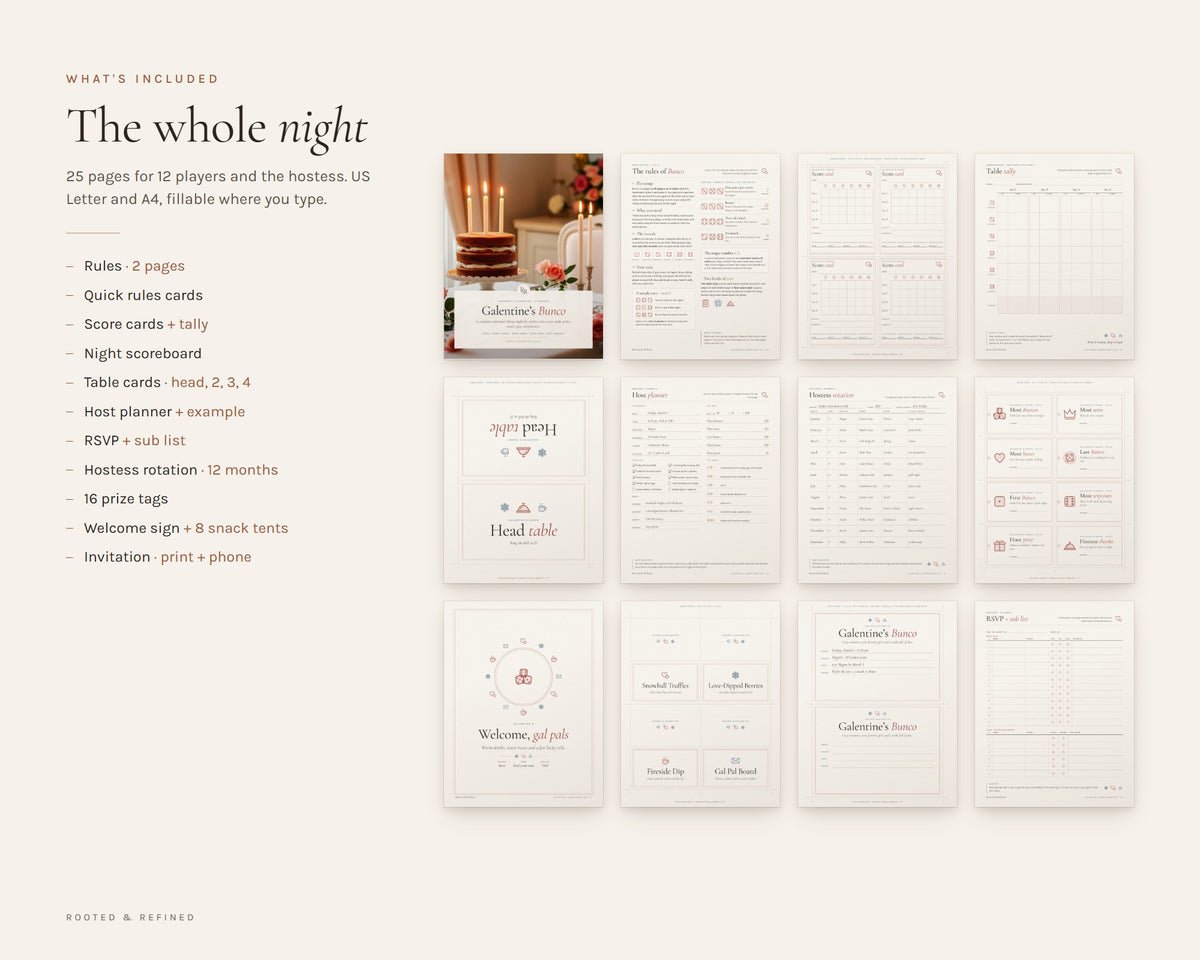 What's included in the Galentine's Winter Bunco Night Kit printable: an overview of every page in the download