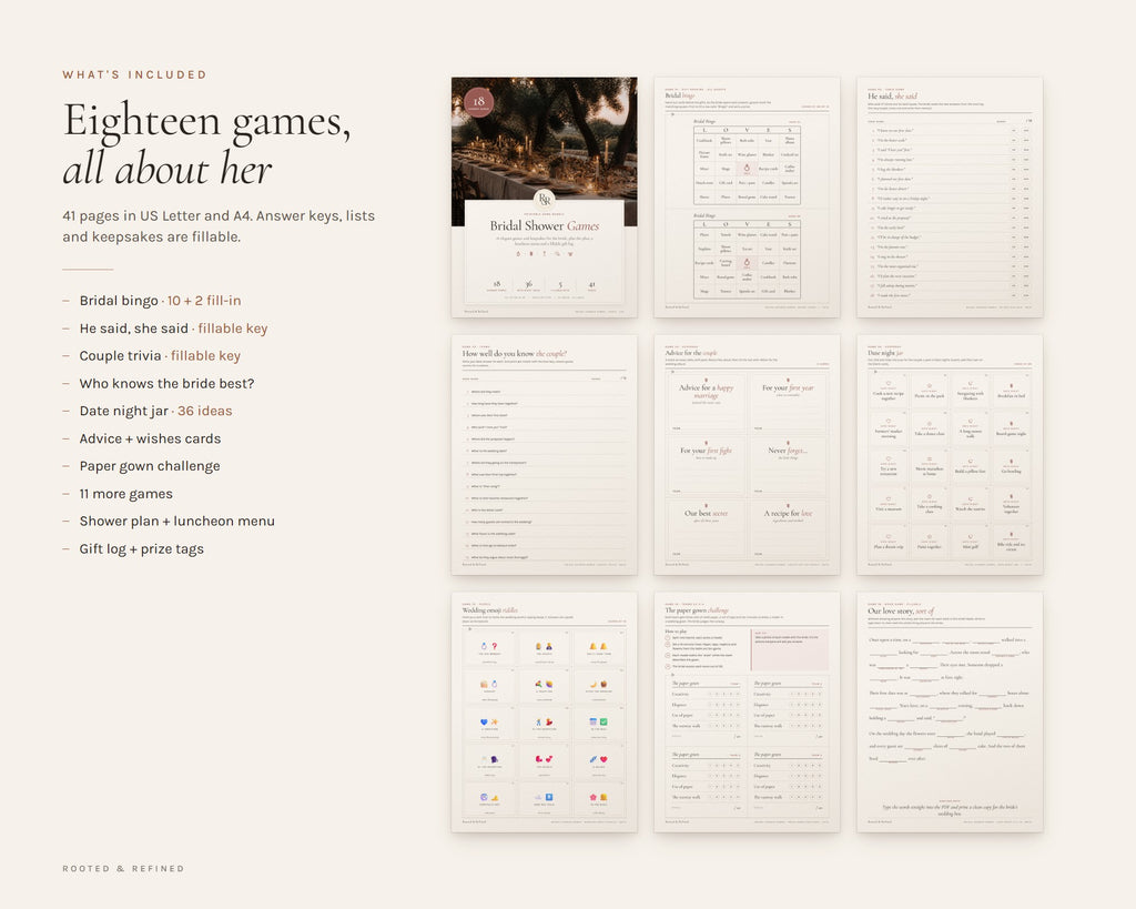 What's included in the Bridal Shower Games Bundle printable: an overview of every page in the download