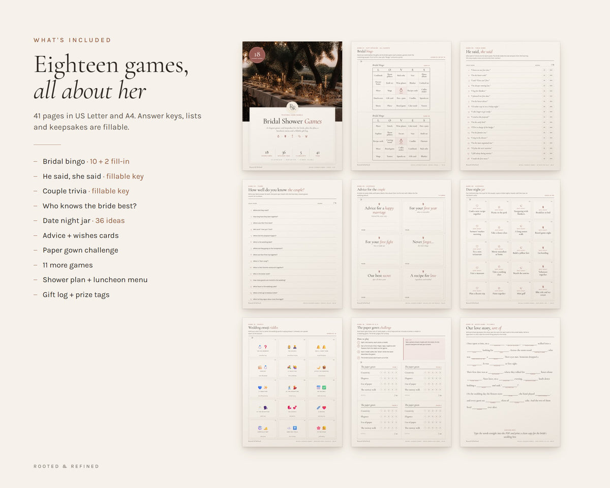 What's included in the Bridal Shower Games Bundle printable: an overview of every page in the download