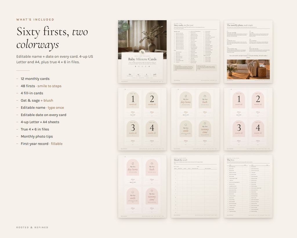 What's included in the Baby Milestone Cards printable: an overview of every page in the download