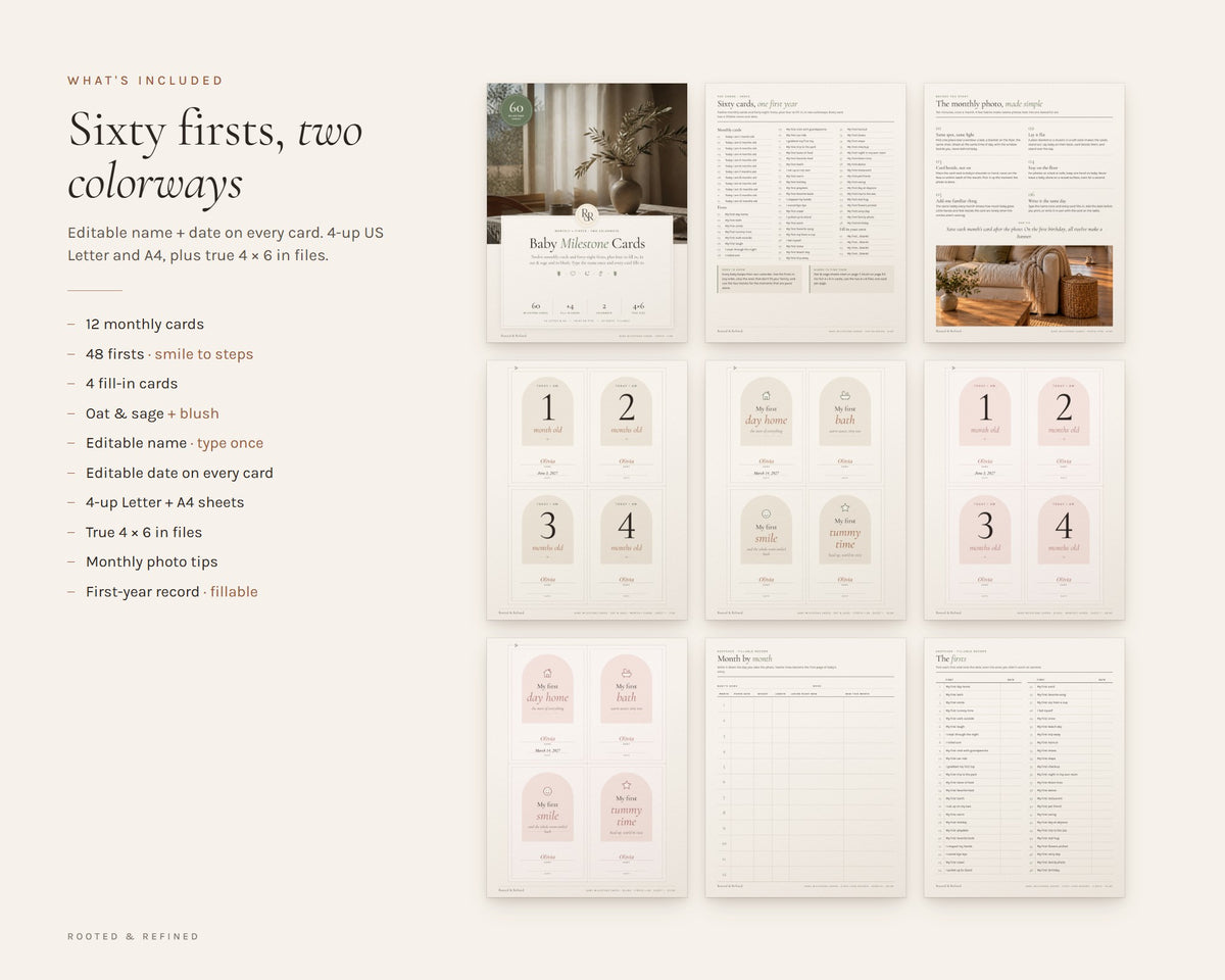 What's included in the Baby Milestone Cards printable: an overview of every page in the download