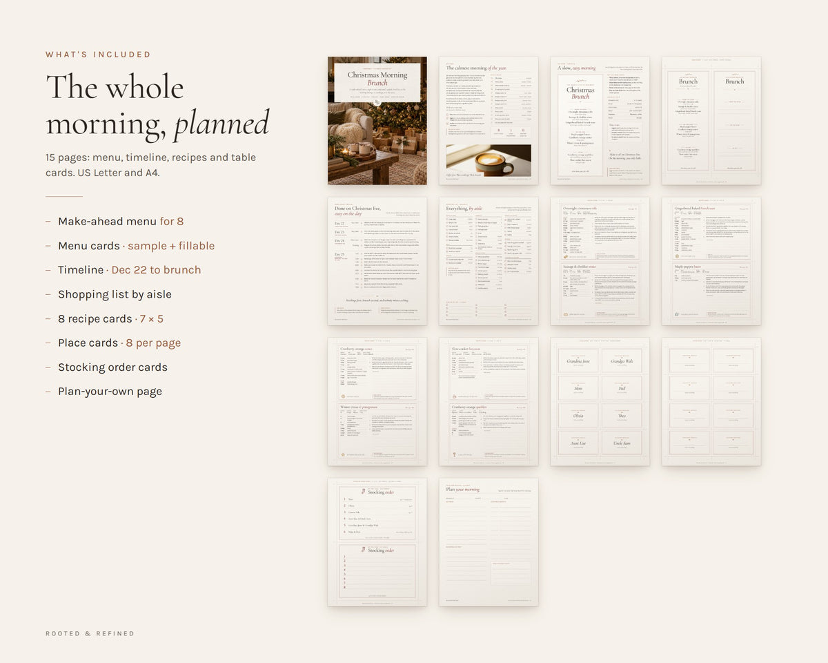 What's included in the Christmas Brunch Menu printable: an overview of every page in the download