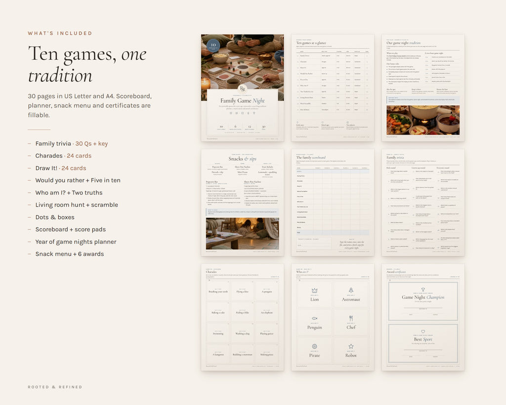 What's included in the Family Game Night Kit printable: an overview of every page in the download