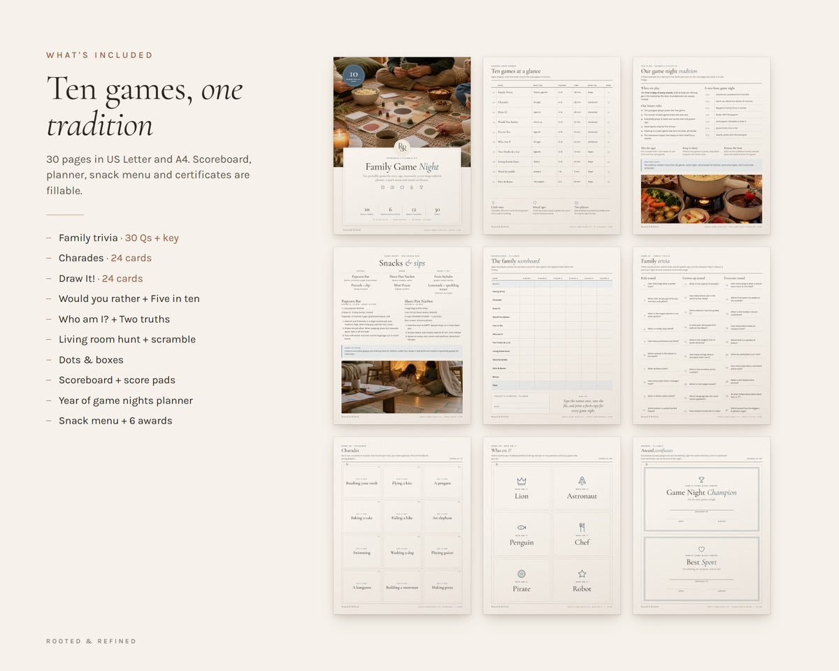 What's included in the Family Game Night Kit printable: an overview of every page in the download