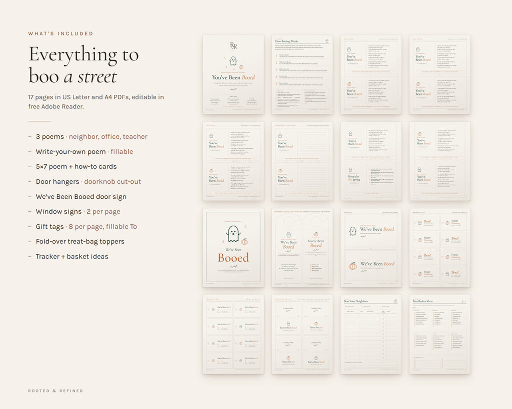 What's included in the You've Been Booed Printable Kit printable: an overview of every page in the download