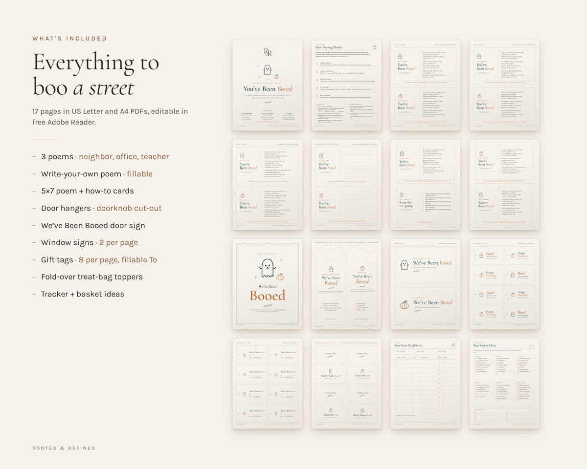 What's included in the You've Been Booed Printable Kit printable: an overview of every page in the download