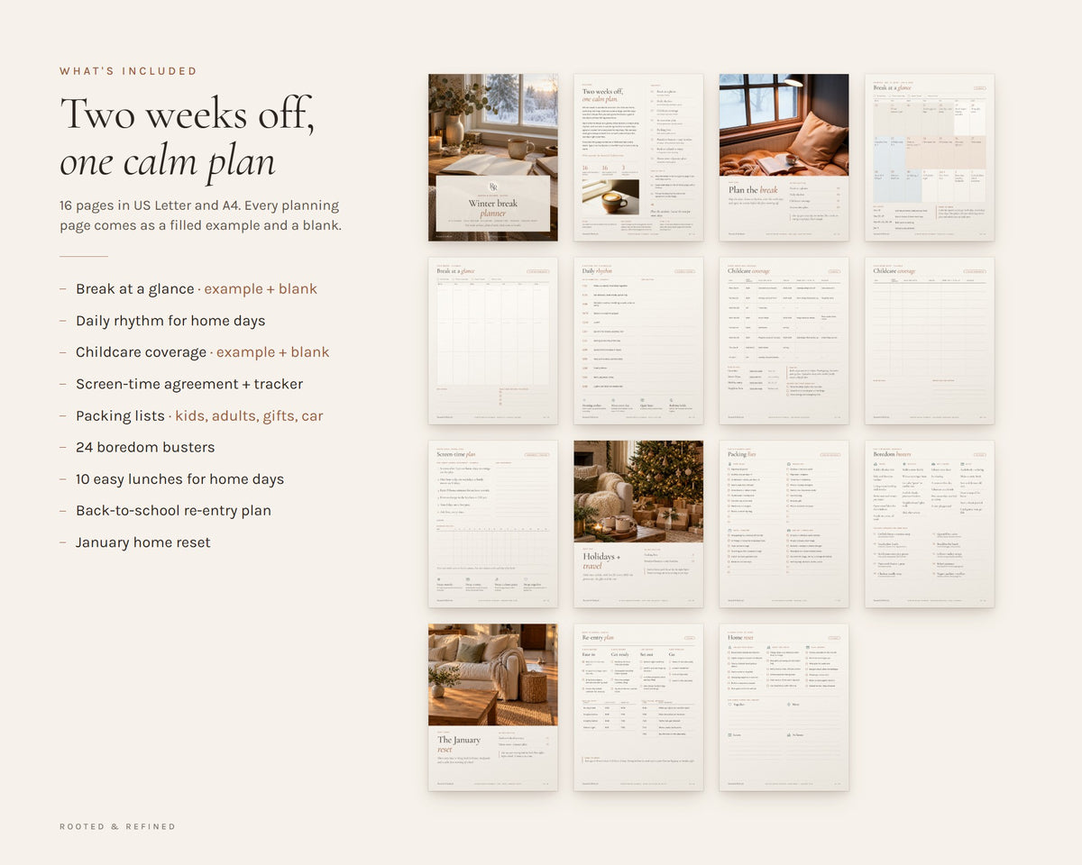 What's included in the Winter Break Planner for Parents printable: an overview of every page in the download