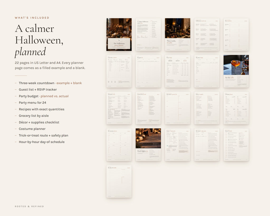 What's included in the Halloween Party Planner printable: an overview of every page in the download