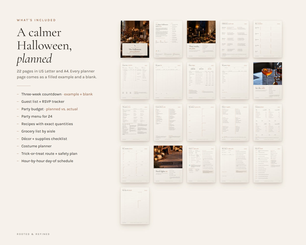 What's included in the Halloween Party Planner printable: an overview of every page in the download