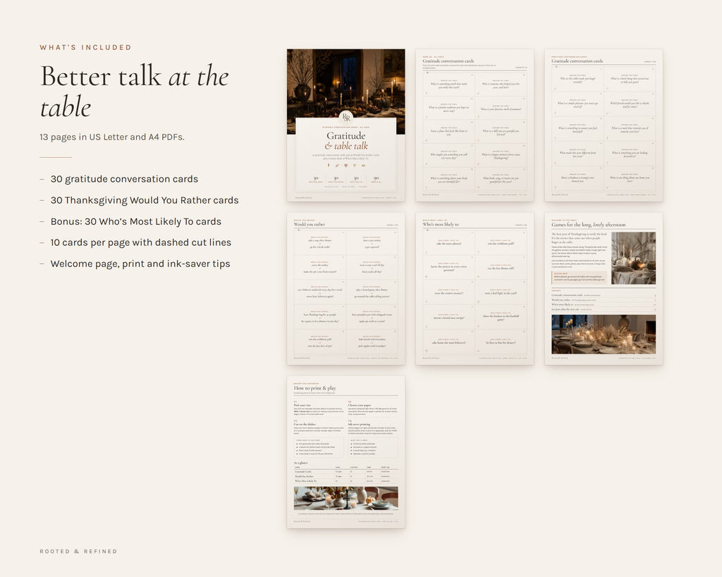 What's included in the Thanksgiving Conversation Cards printable: an overview of every page in the download