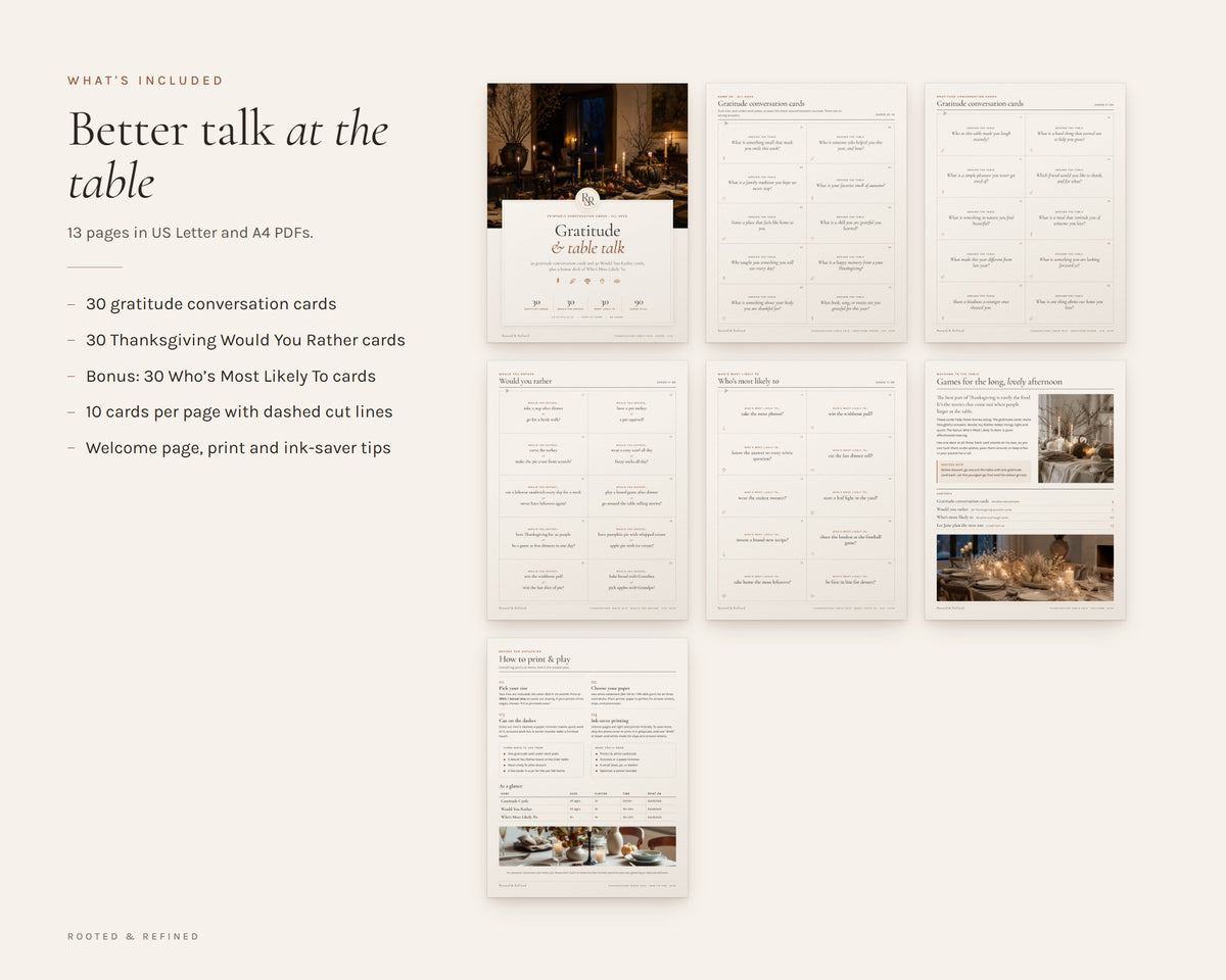 What's included in the Thanksgiving Conversation Cards printable: an overview of every page in the download