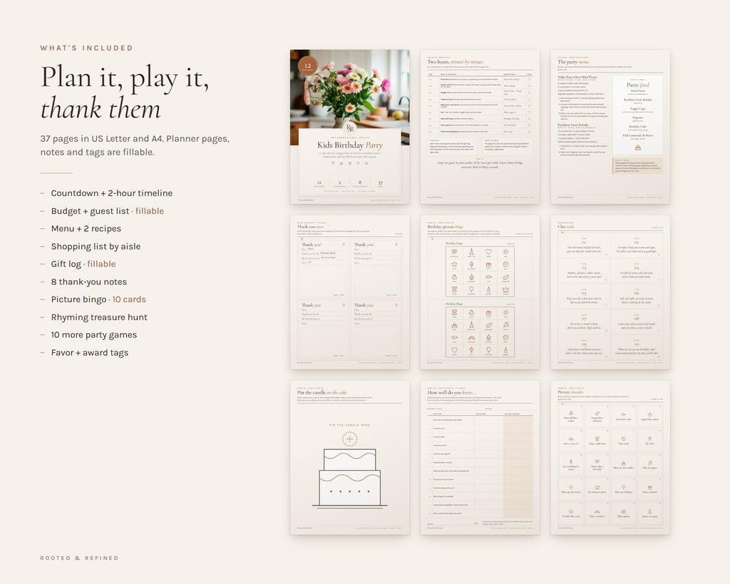 What's included in the Kids Birthday Party Games and Planner printable: an overview of every page in the download